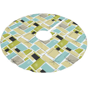 Yellow Aqua Blue Squares Starburst Midcentury Brushed Polyester Tree Skirt
