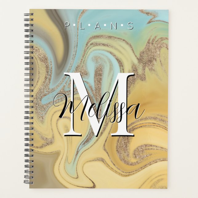 Yellow Aqua Gold Modern Monogram Abstract Planner (Front)