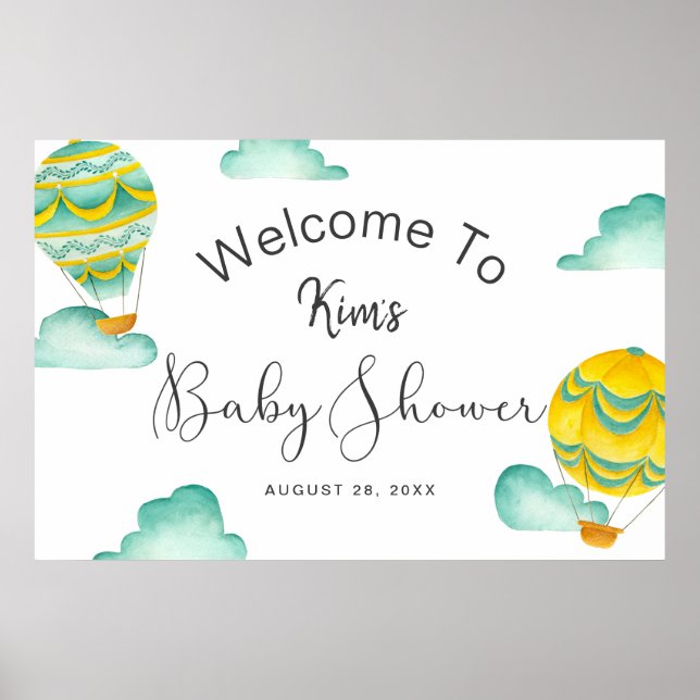 Yellow Aqua Hot Air Balloons Baby Shower Welcome Poster (Front)