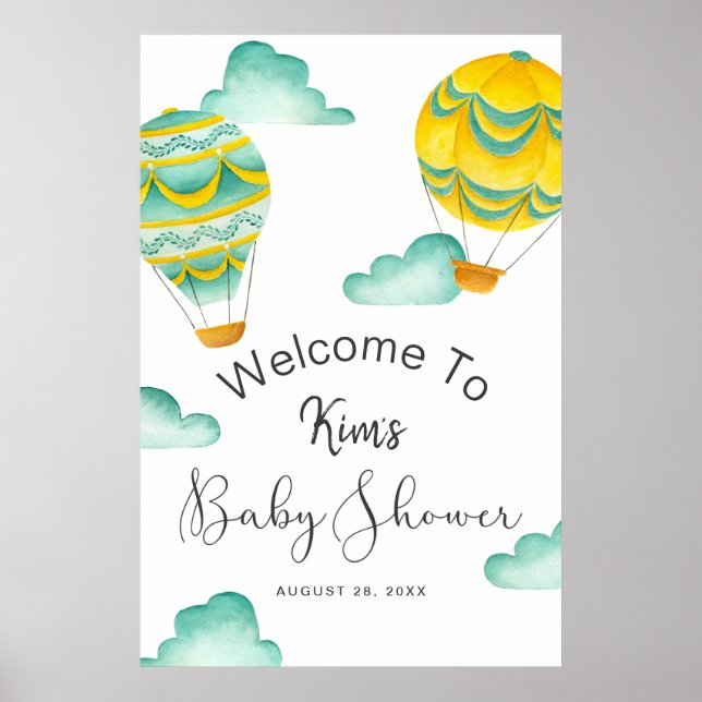 Yellow Aqua Hot Air Balloons Baby Shower Welcome Poster (Front)