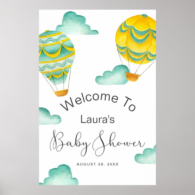 Yellow Aqua Hot Air Balloons Baby Shower Welcome Poster (Front)