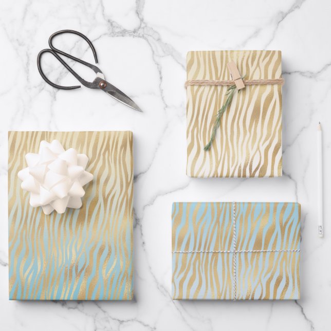  Yellow Aqua Ombre Gold Zebra Print     Wrapping Paper Sheet (Front)