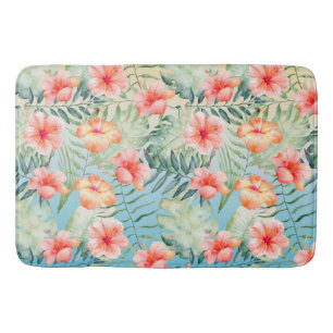  Yellow Aqua Pink Peach Hibiscus Floral  Bath Mat