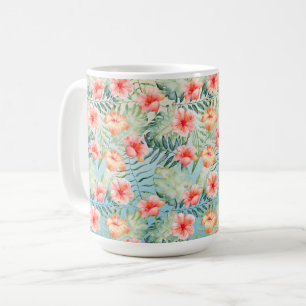  Yellow Aqua Pink Peach Hibiscus Floral   Coffee Mug
