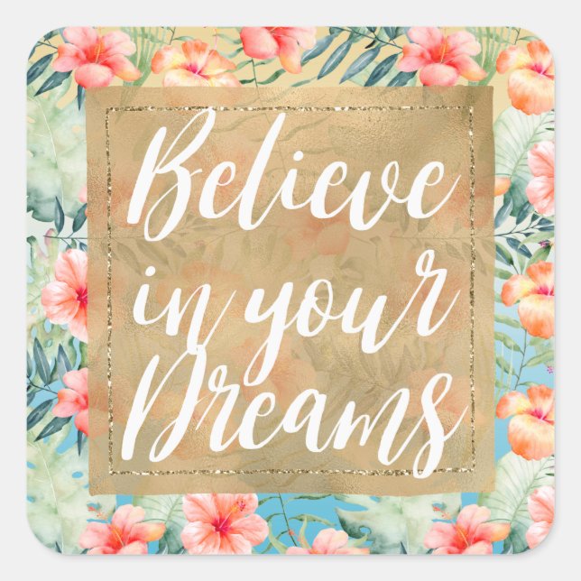  Yellow Aqua Pink Peach Hibiscus Floral Gold Dream Square Sticker (Front)