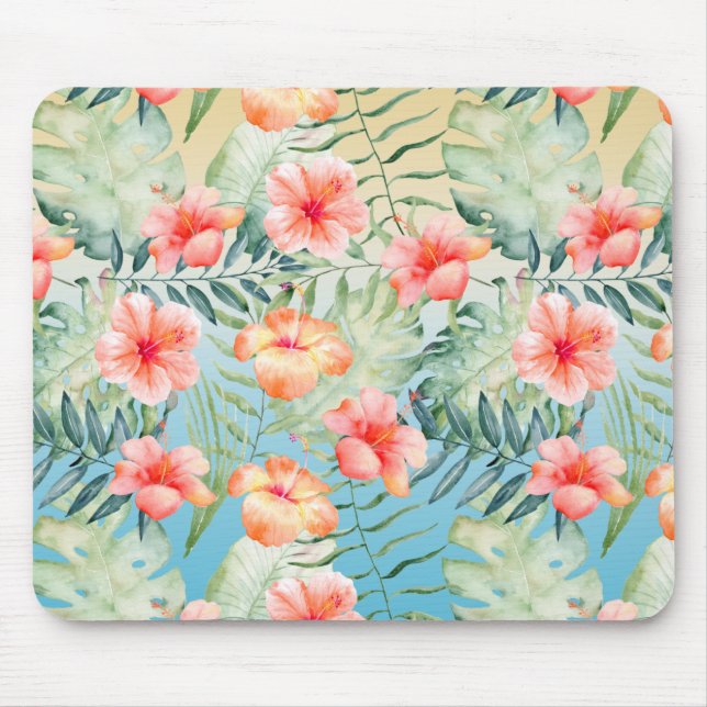  Yellow Aqua Pink Peach Hibiscus Floral  Mouse Pad (Front)