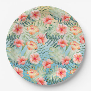 Yellow Aqua Pink Peach Hibiscus Floral Paper Plate