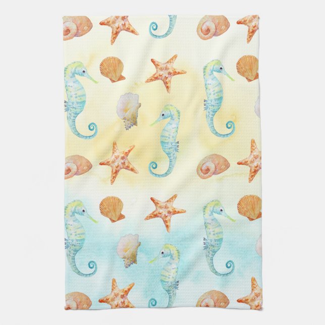Yellow Aqua Seahorse Starfish Shells Beach Tea Towel (Vertical)