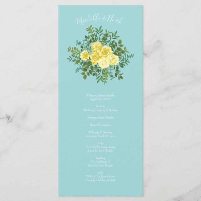 Yellow Aqua Teal Rose Wedding Programs (Front)