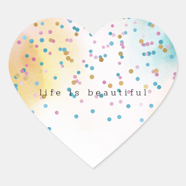 Yellow Aqua Tie Dye Pink Gold Confetti Heart Sticker (Front)