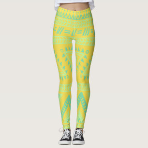 Yellow Aqua Tribal Pattern Leggings