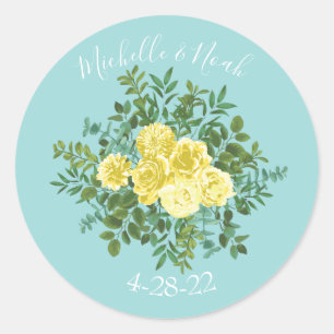 Yellow & Aqua Vintage Spring Floral Wedding Classic Round Sticker