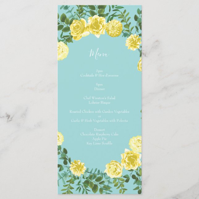 Yellow & Aqua Vintage Spring Floral Wedding Menu (Front)