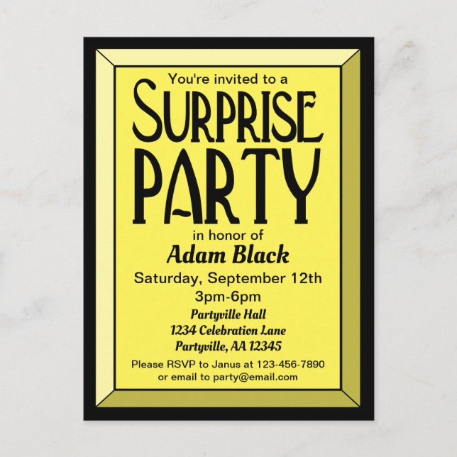 Yellow Art Deco Beveled Birthday Surprise Party Invitation Postcard (Front)