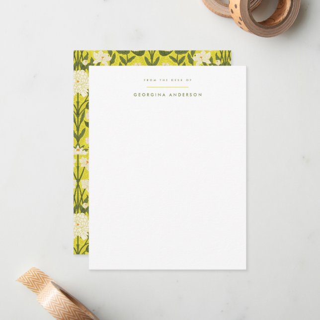Yellow Art Nouveau Floral Personal Stationery Card (Front/Back In Situ)