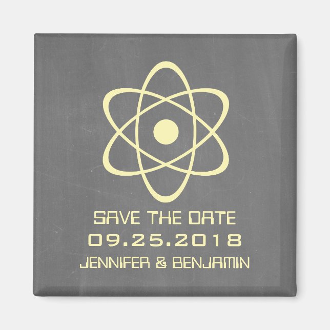 Yellow Atomic Chalkboard Save the Date Magnet (Front)