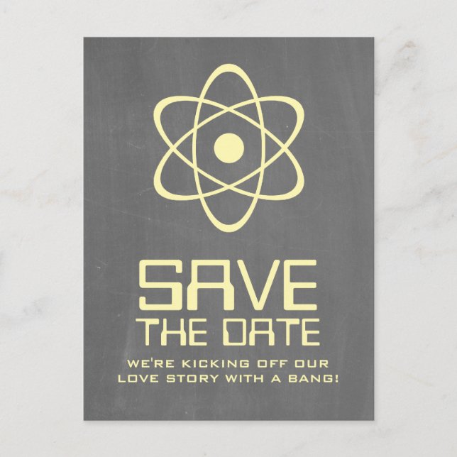 Yellow Atomic Chalkboard Save the Date Postcard (Front)