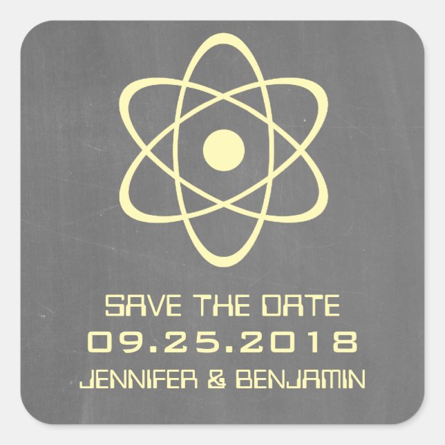 Yellow Atomic Chalkboard Save the Date Stickers (Front)