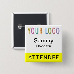 Yellow Attendee Name Tag with Logo Pinback Square 15 Cm Square Badge