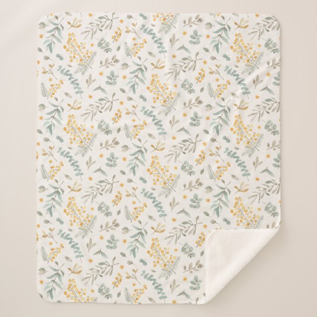 Yellow Australian wattle eucalyptus leaves beige Sherpa Blanket (Front)