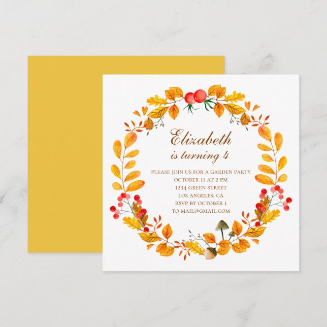 Yellow autumn garden. Girl fall birthday party Invitation (Front/Back)