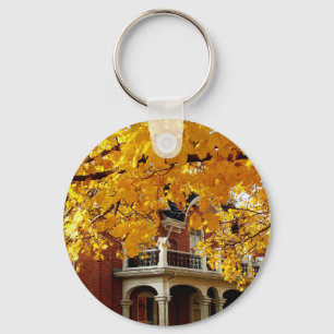 Yellow Autumn Leaves and Old Brick House Key Ring