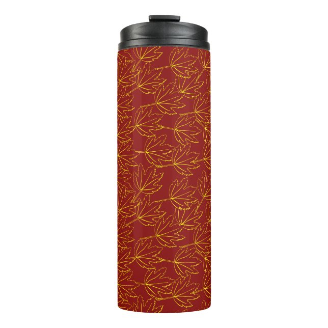 yellow autumn leaves pattern on brown thermal tumbler (Front)