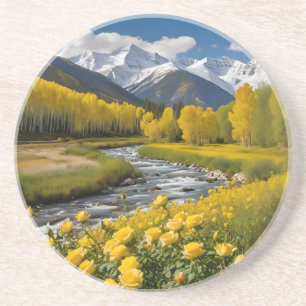Yellow Autumn Snowy Mountains Aspen River Coaster