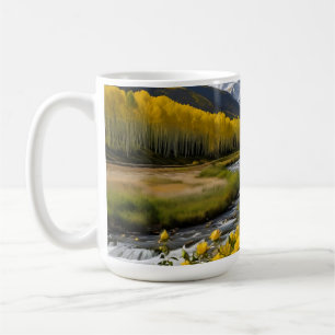 Yellow Autumn Snowy Mountains Aspen River Coffee Mug