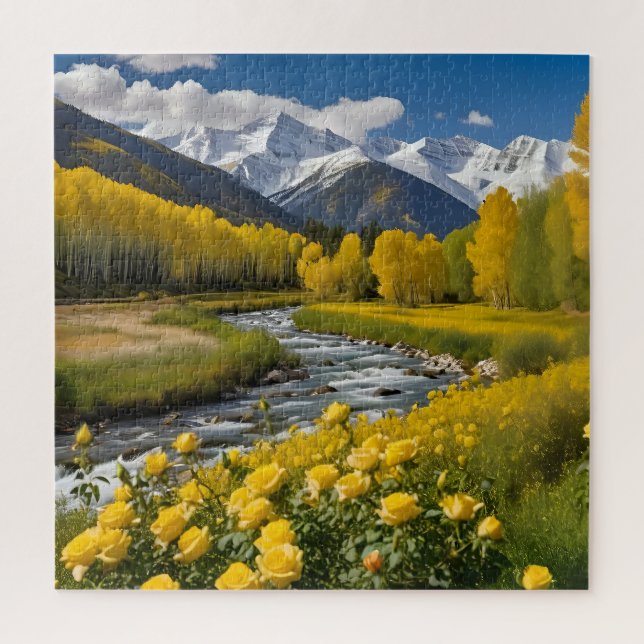 Yellow Autumn Snowy Mountains Aspen River Jigsaw Puzzle (Vertical)