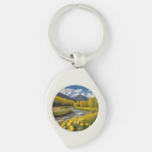 Yellow Autumn Snowy Mountains Aspen River Key Ring