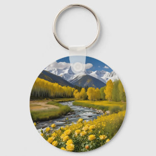 Yellow Autumn Snowy Mountains Aspen River Key Ring
