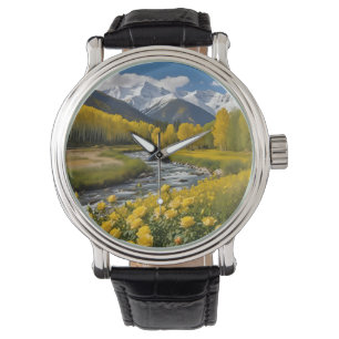 Yellow Autumn Snowy Mountains Aspen River Watch