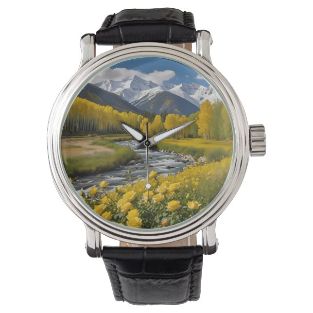 Yellow Autumn Snowy Mountains Aspen River Watch (Front)