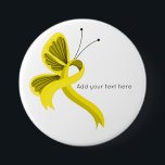 Yellow Awareness Ribbon Butterfly Button<br><div class="desc">Yellow butterfly awareness ribbon with customisable text. The yellow ribbon stands for armed-forces return, craniofacial acceptance, remembering Black Saturday Bushfire victims, and Canadian Cancer Society, and the awareness of bone cancer / osteosarcoma / sarcoma, endometriosis, Corazon Aquino's death, Liver Diseases Biliary Atresia, bladder cancer, adenosarcoma, Carbon Monoxide Poisoning, Ewings Sarcoma,...</div>