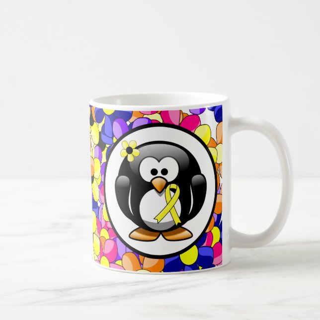 Yellow Awareness Ribbon Penguin Coffee Mug (Right)