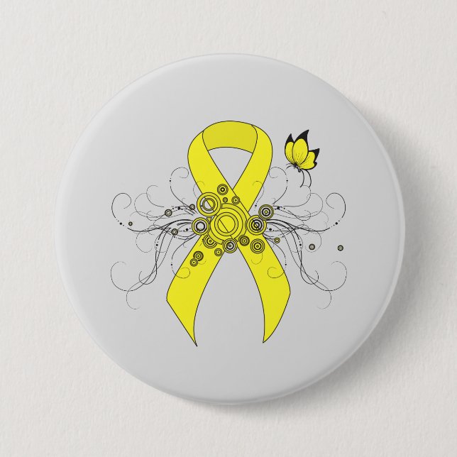 Yellow Awareness Ribbon with Butterfly 7.5 Cm Round Badge (Front)