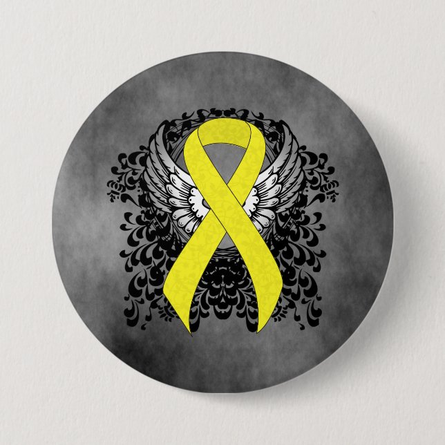 Yellow Awareness Ribbon with Wings 7.5 Cm Round Badge (Front)