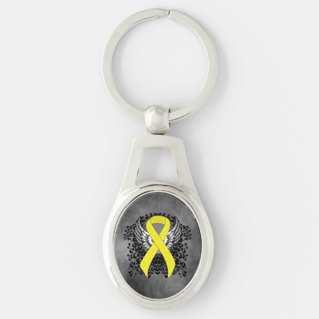 Yellow Awareness Ribbon with Wings Key Ring (Front)