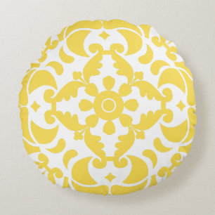 Yellow Azulejos Portuguese Spanish Mediterranean Round Cushion