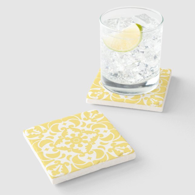 Yellow Azulejos Portuguese Spanish Mediterranean Stone Coaster (Side)