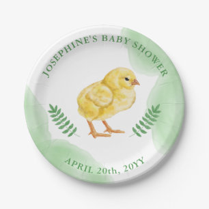 Yellow Baby Chick And Green Watercolor Baby Shower Paper Plate