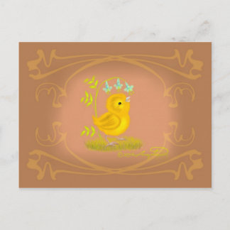 Yellow Baby Chick with Bluebell Flowers Postcard