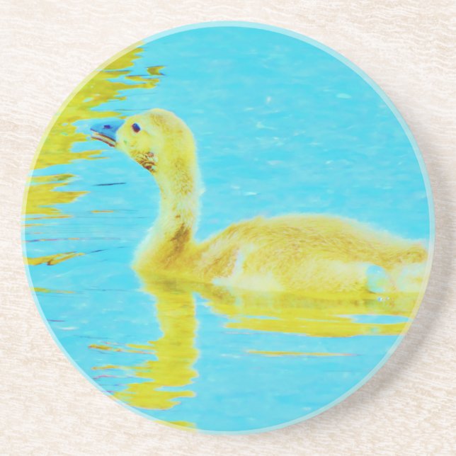 Yellow Baby goose with light blue water Coaster (Front)