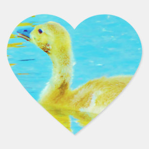 Yellow Baby goose with light blue water Heart Sticker