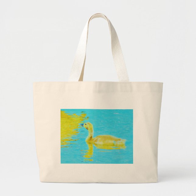 Yellow Baby goose with light blue water Large Tote Bag (Front)