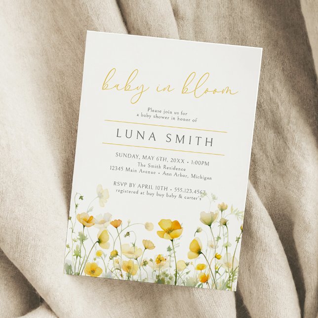Yellow Baby In Bloom Floral Wildflower Baby Shower Invitation (Creator Uploaded)