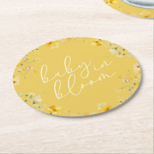 Yellow Baby In Bloom Floral Wildflower Baby Shower Round Paper Coaster