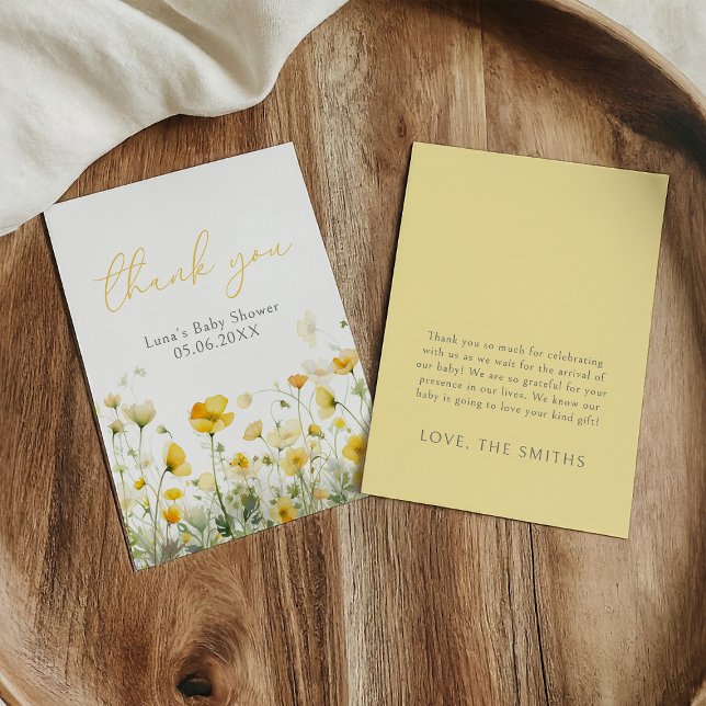 Yellow Baby In Bloom Wildflower Baby Shower Flat Thank You Card (Creator Uploaded)