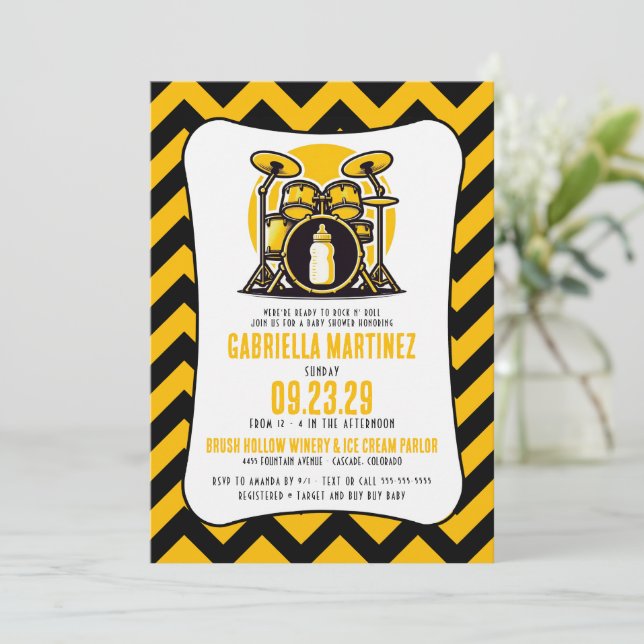 Yellow Baby Rock Baby Shower Invitation (Standing Front)